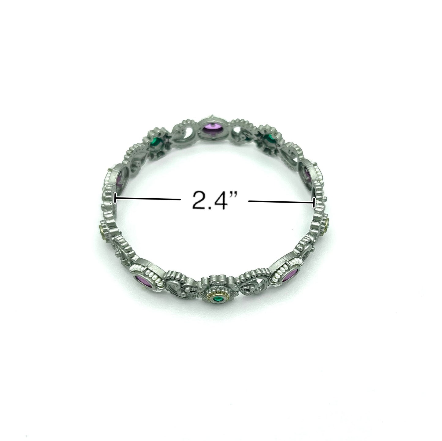 Bracelet with gemstones on a white background, showing measurement of 2.4 inches.