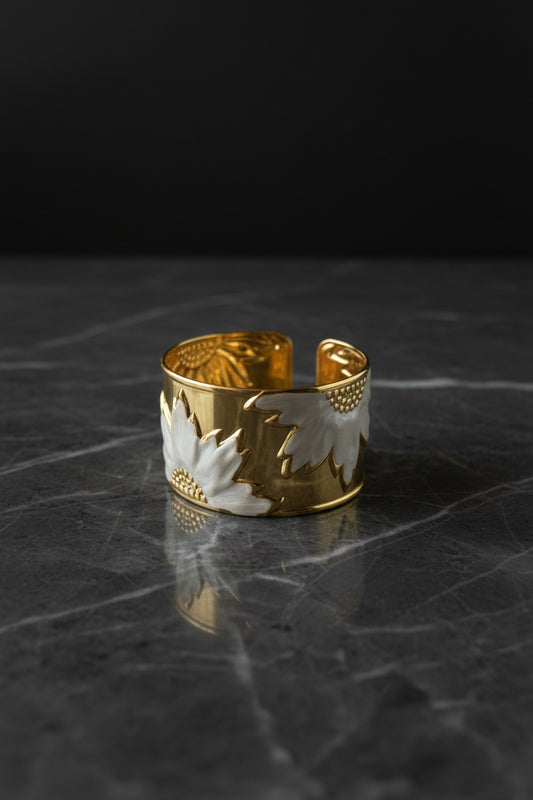 Gold Tone Sunflower Cuff Kada White Enamel Open-Back Bracelet