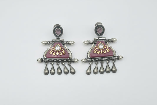 Mauve Temple Earrings with Pearl Fringe Antique Silver Kundan Chandbali