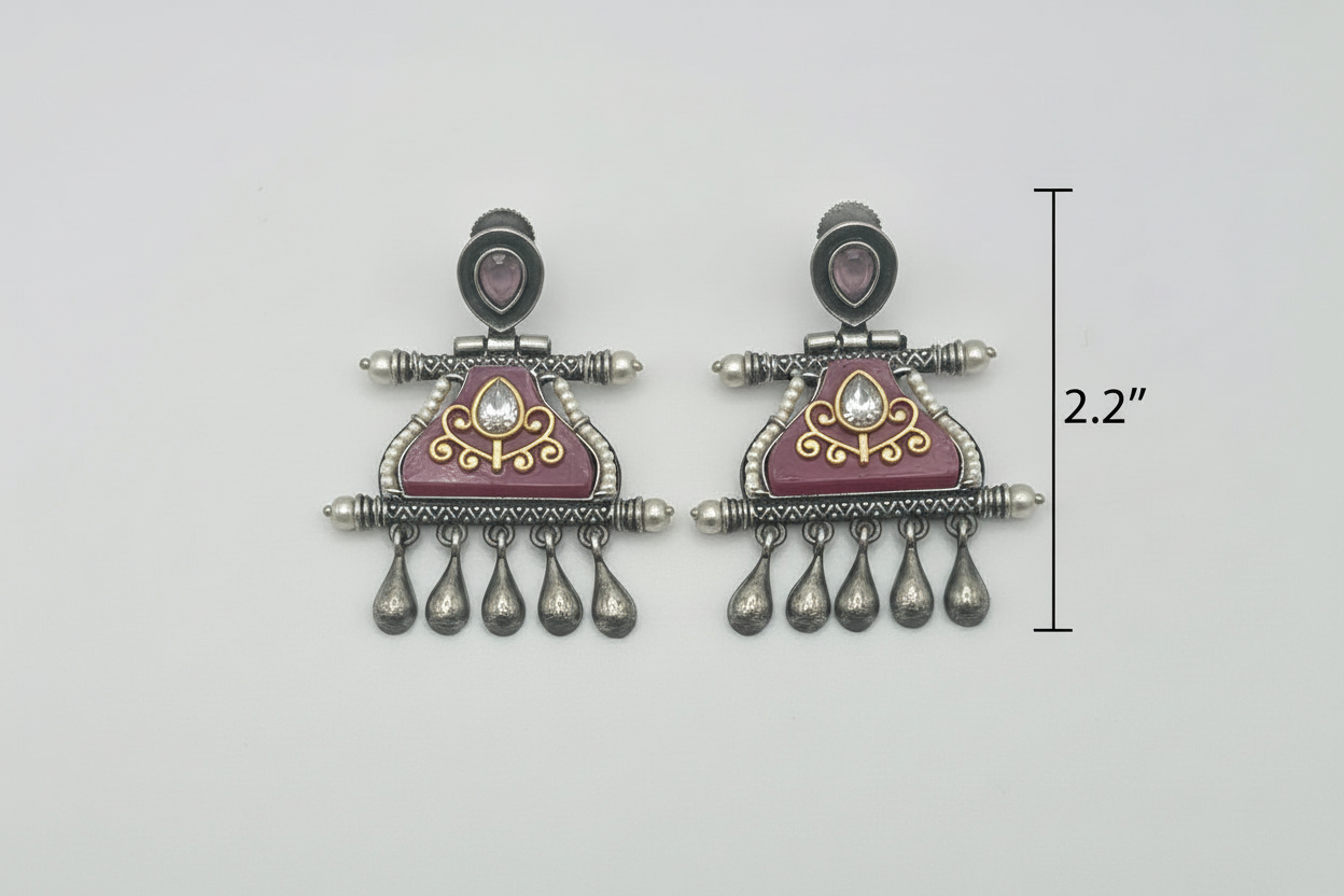 Mauve Temple Earrings with Pearl Fringe Antique Silver Kundan Chandbali