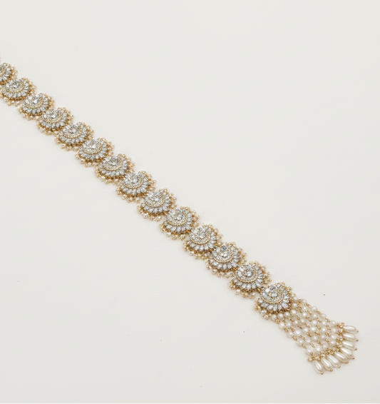 Floral Fan Bridal Choti – Pave Kundan Braid Jewellery with Pearl Drop Tassels & Silver Plating