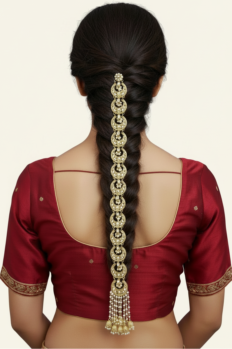Woman wearing Traditional hair choti featuring a long kundan braid with gold plated pearl beads drop.