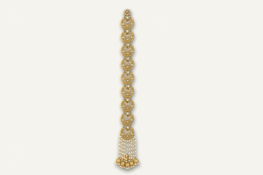 Kundan Chand Bridal Choti – Polki Crescent Braid Jewellery with Pearl Jhumki Tassels & Gold Plating