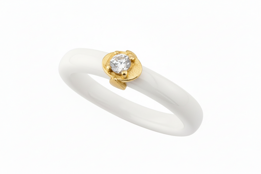 White Ceramic Rose CZ Solitaire Ring | 18K Gold Plated