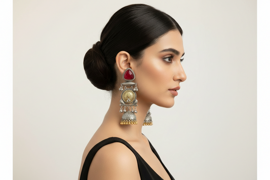 Woman wearing large, ornate earrings with a red gemstone on a plain background