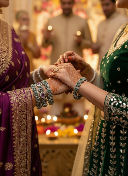 Two women in traditional attire with jewelry holding hands, blurred background of people and lights.