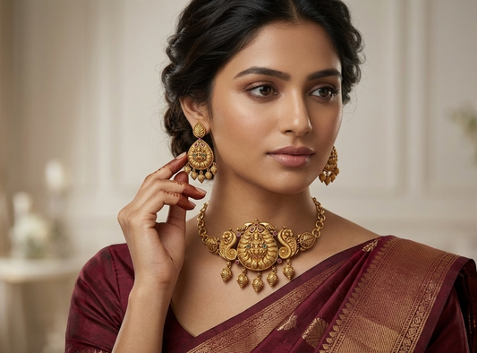 Antique Choker Necklace with Matte Gold Plating | Traditional Temple Jewelry