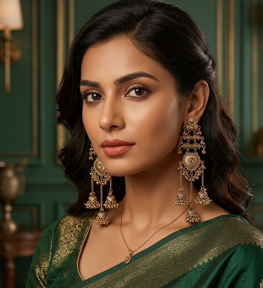 Woman wearing gold earrings and a green saree in an elegant interior setting