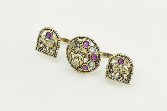 Antique Double Finger Ring Set Peacock and Elephant Motif with Kundan Stones