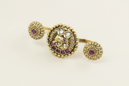 Antique Double Finger Ring Set Elephant Motif Kundan with Ruby & Floral Side Rings