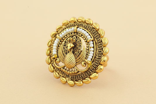 Antique Peacock Ring Adjustable Matte Gold Plated Statement Ring Indian Heritage