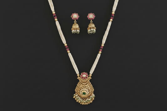 Antique Moti Pearl Pendant Set – Temple Carved Matte Gold with Ruby & Emerald
