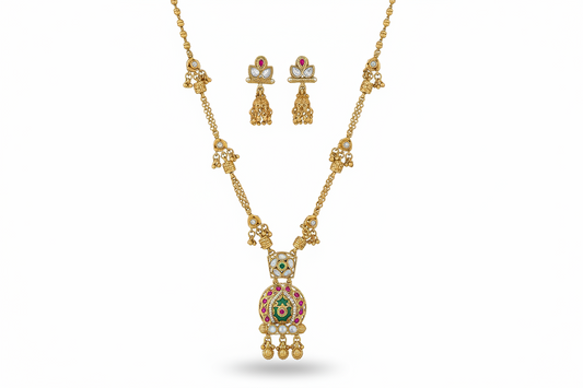 Antique Two-Tier Meenakari Pendant Set – Matte Gold with Ruby & Mint Green