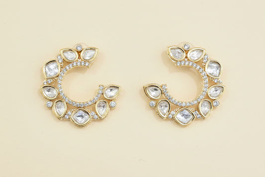 Kundan Polki Mixed Cut Open Hoop Earrings Carat Gold Plating