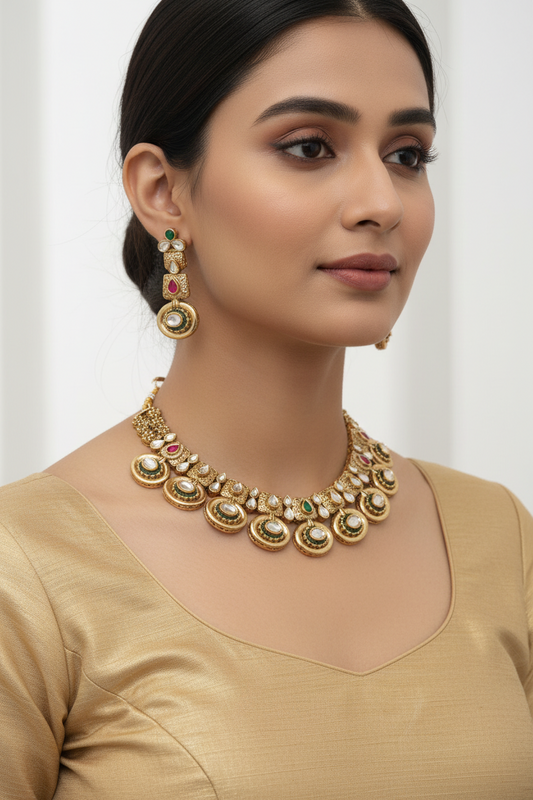 Woman wearing a gold necklace and earrings against a white background