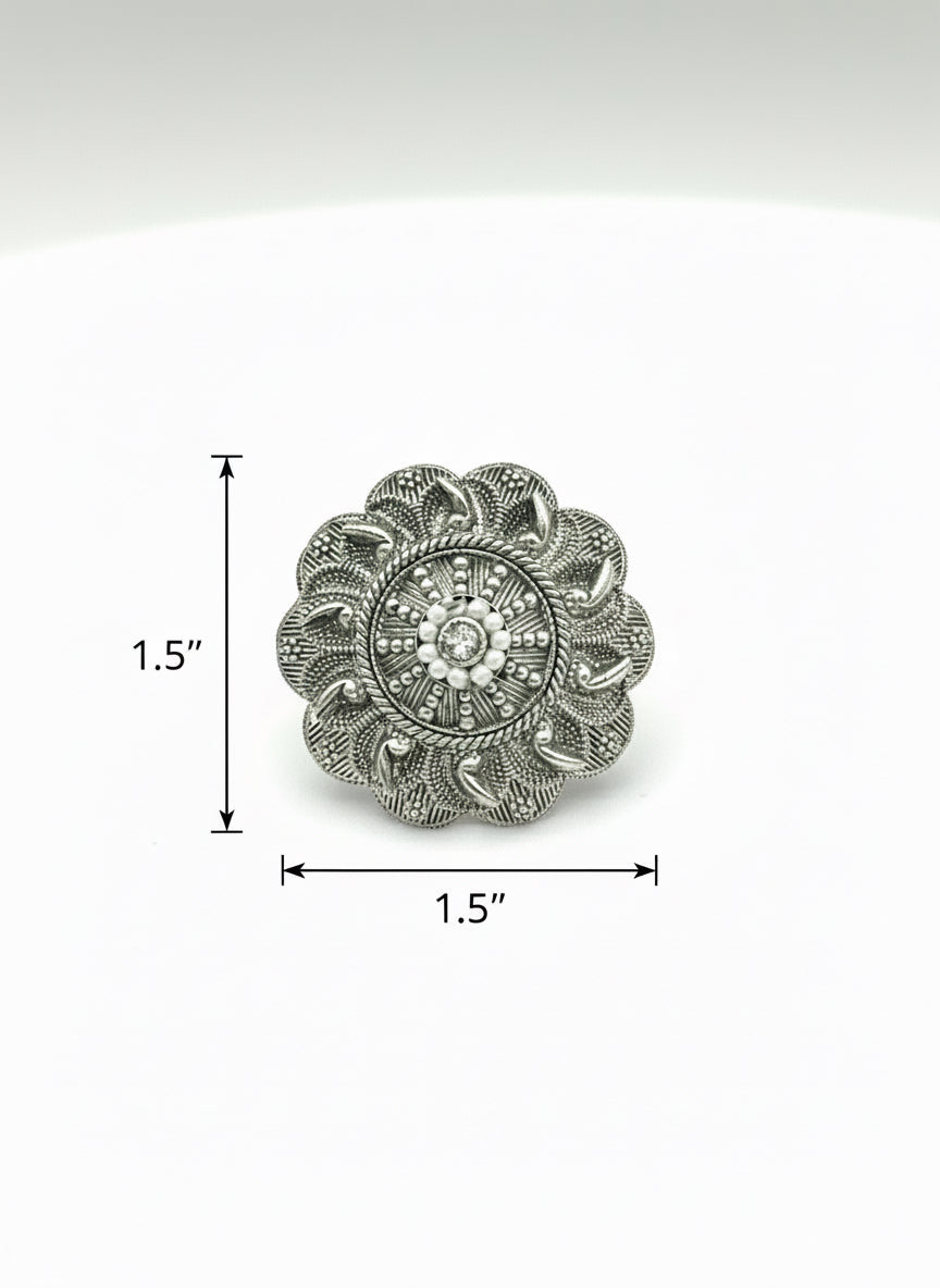 Oxidized Silver Floral Statement Ring