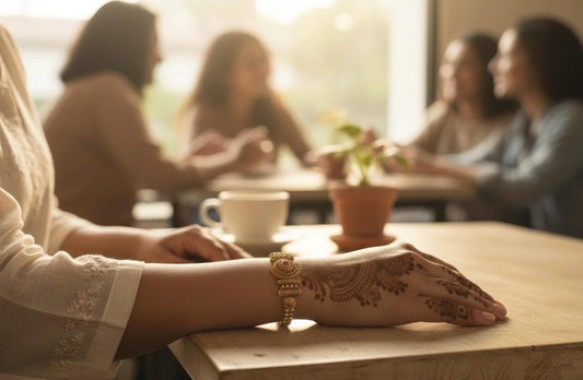 Person with henna on hand at a table with blurred people in the background