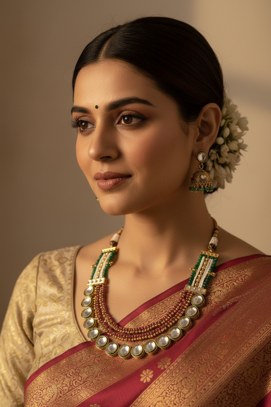 Woman wearing traditional jewelry and a saree with a neutral background