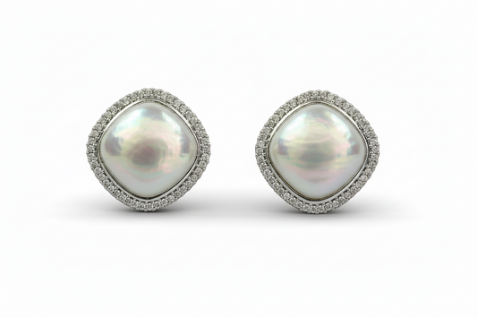 Cushion Mabe Pearl Halo Stud Earrings – AD Pave Border in Rhodium & 2-Tone Plating