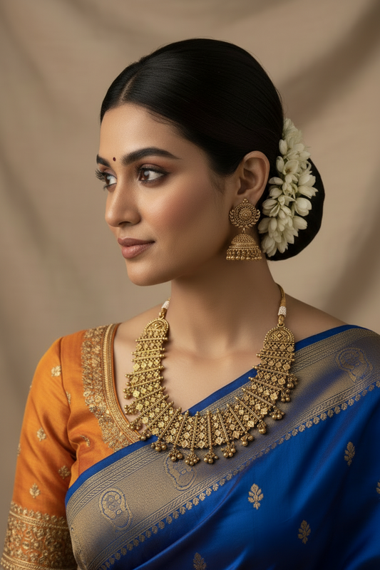 Antique Gold Temple Necklace Set with Jhumka Earrings - Traditional Indian Bridal Jewelry