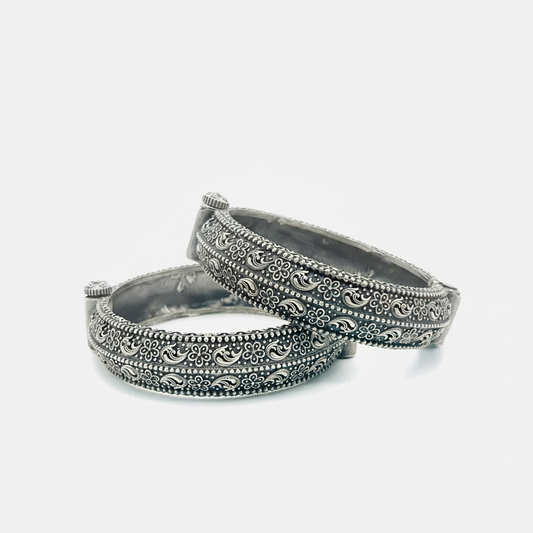 Oxidized Silver Look Kada Bangle Pair | Chunky Floral Indian Bracelet Set (2 Pieces)