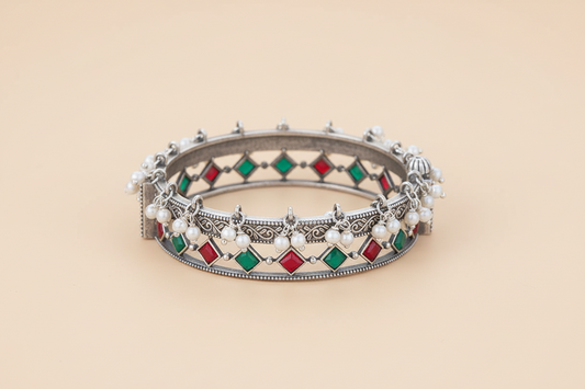 Oxidized Pearl Kada Openable Bangle Red Green Stone Indian Ethnic Bracelet