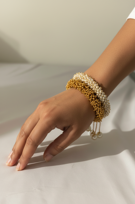 Antique Gold & Pearl Drop Open Bangle Bracelet