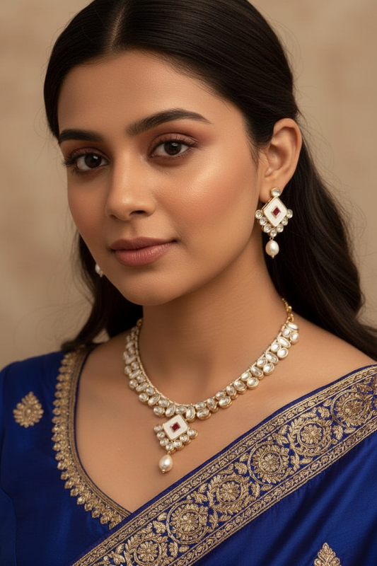 Kundan Necklace set with White pendant & Pearl Drop