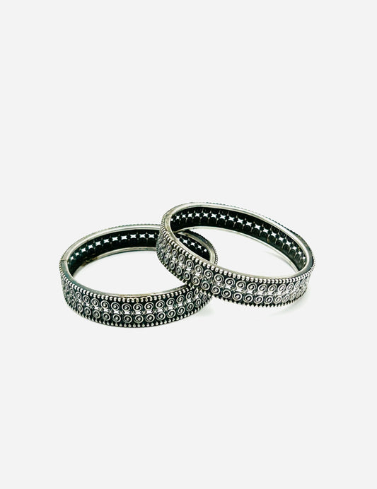 Oxidized German Silver Bangle Set | Dark Antique Circular Texture Indian Bracelets