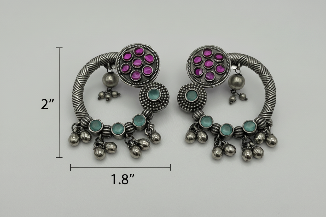 Purple and Turquoise Chandbali Earrings with Silver Bead Fringe Oxidized Silver