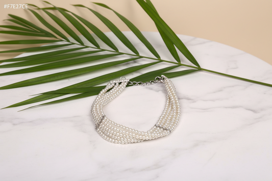 5-Strand Pearl Choker Necklace – Glass Pearl Beads with Silver Bar Connector & Adjustable Chain