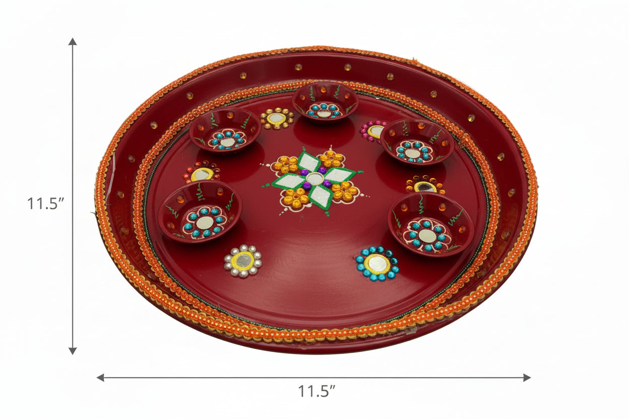 Decorative Pooja Thali Plate - Traditional Aarti Plate with Hand-Painted Designs
