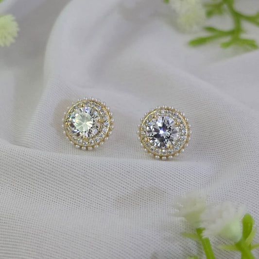 Round Solitaire Halo Stud Earrings – AD Crystal with Pearl Border & Gold Plating