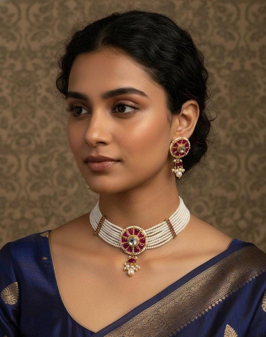 Luxury Maharani Wedding choker Kundan Set Traditional Pearl Bib Necklace with Polki Stud Earrings