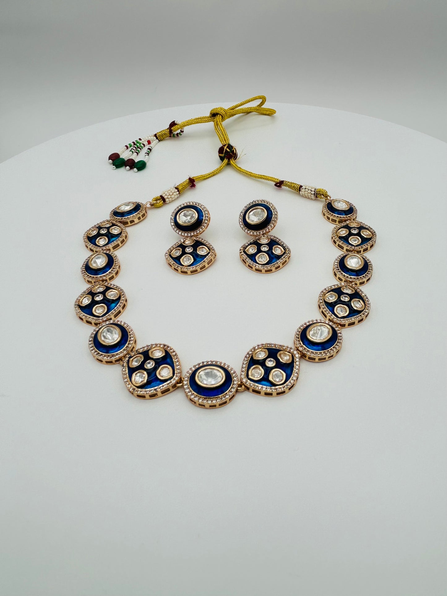 Kundan Polki Necklace Set with Earrings - Blue & White Stone Bridal Jewelry