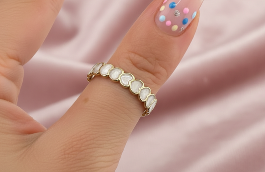 White Enamel Heart Eternity Open Cuff Ring | 18K Gold Plated | Adjustable