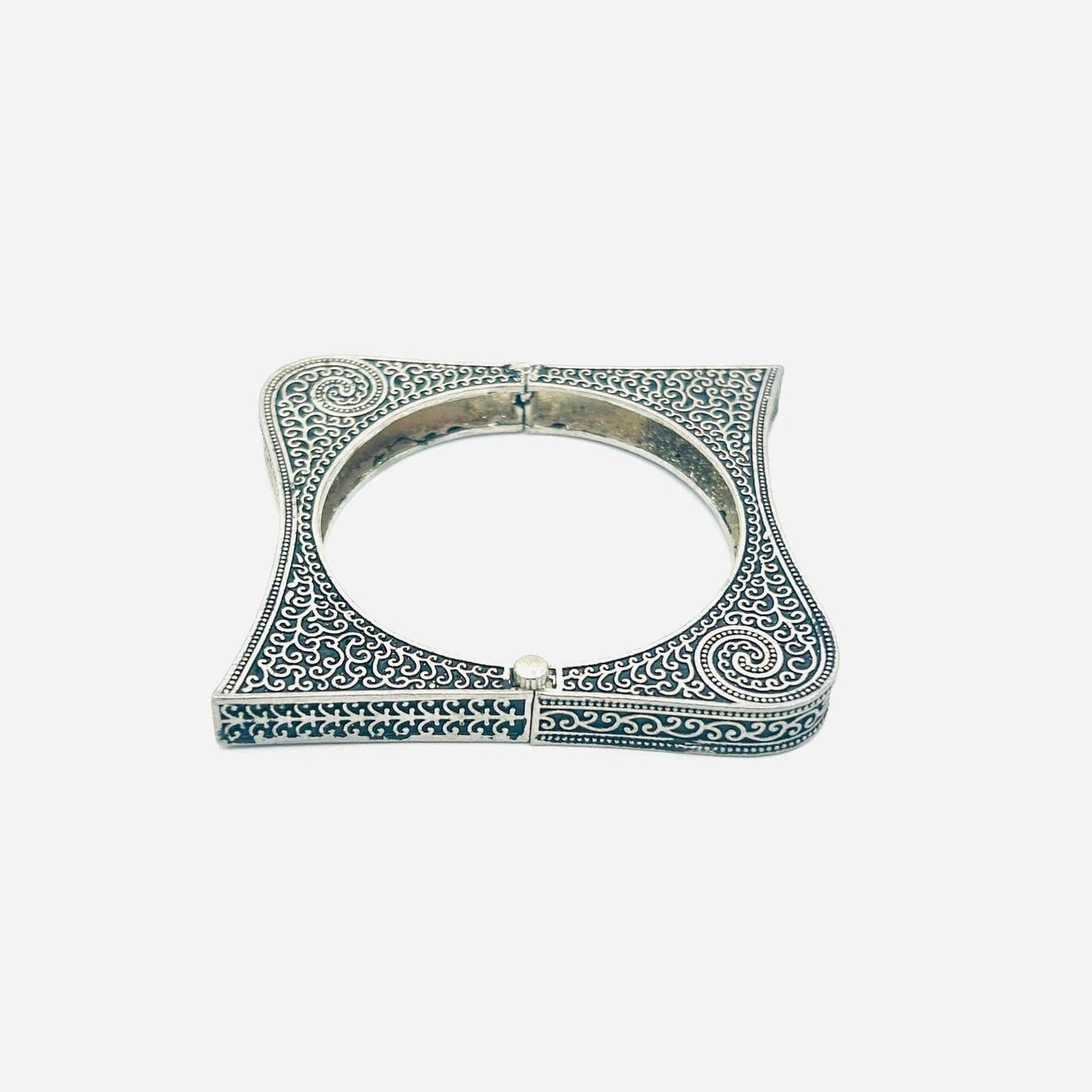 Rajput Scroll Square Oxidized Hinged Cuff Bracelet Heavy Statement Kada