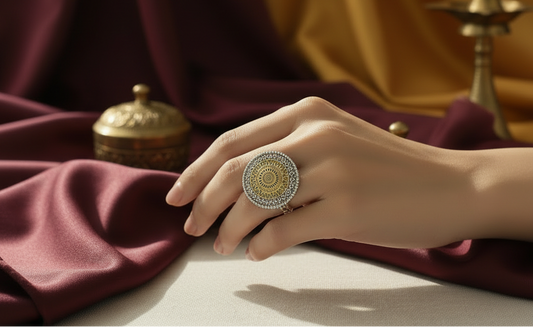 Hand wearing decorative ring, set against a soft background with a teacup and saucer.