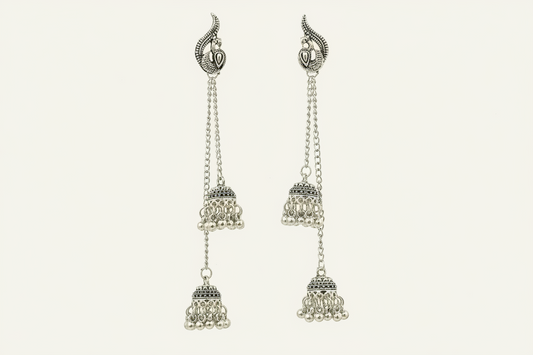 Pair of silver earrings with chain and bell-like designs on a light gray background