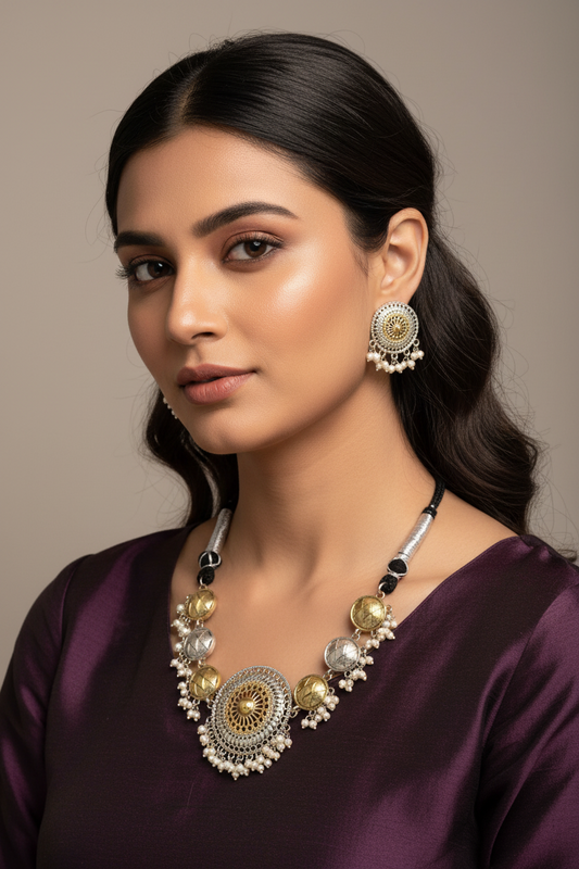 Oxidized Tribal Dori Necklace Set with Mandala Pendant, Ghungroo, Pearl Drops