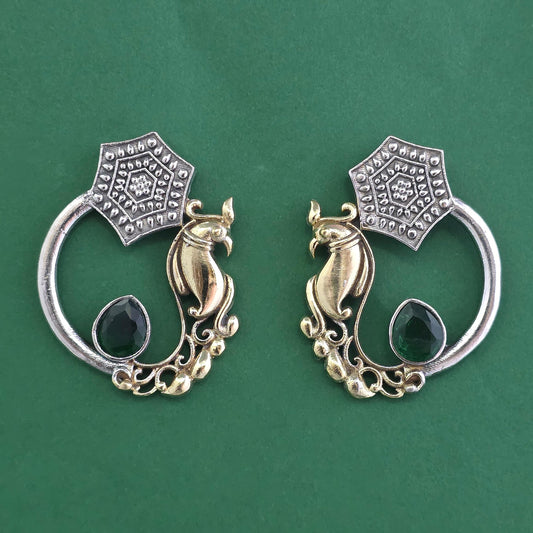Oxidised Parrot Motif Crescent Hoop Earrings 2-Tone Gold & Silver with Color Stone Drop