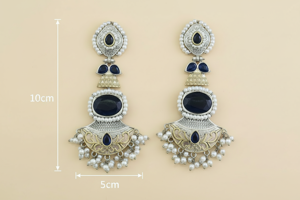 Oxidised 4-Tier Long Earrings: Pearl Halo, Oval Stone, Lotus Fan Base, 2-Tone Plating