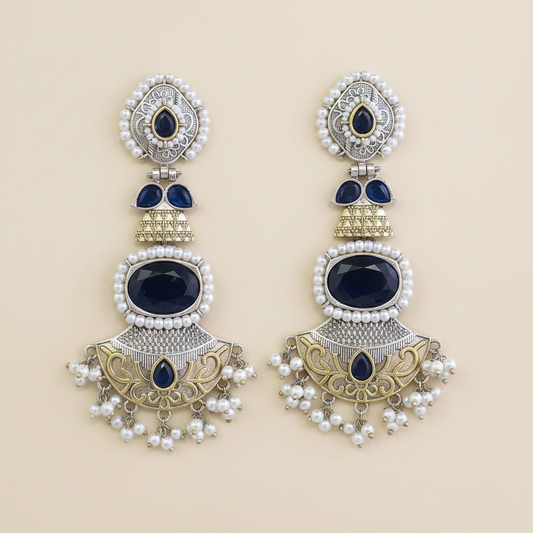 Oxidised 4-Tier Long Earrings: Pearl Halo, Oval Stone, Lotus Fan Base, 2-Tone Plating