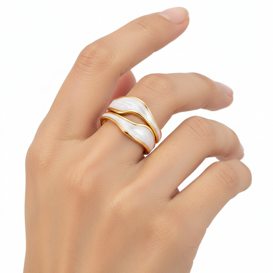 White Enamel Triple-Rail Wave Open Cuff Ring | 18K Gold Plated | Adjustable