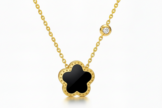 Black Enamel Clover Pendant Necklace | 18K Gold Plated | CZ Accent