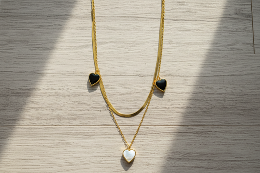 Double Layer Heart Charm Necklace | 18K Gold Plated | Black Enamel & MOP