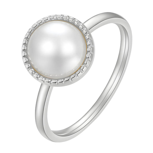 Round Imitation Pearl Milgrain Bezel Solitaire Ring | Silver | Stainless Steel