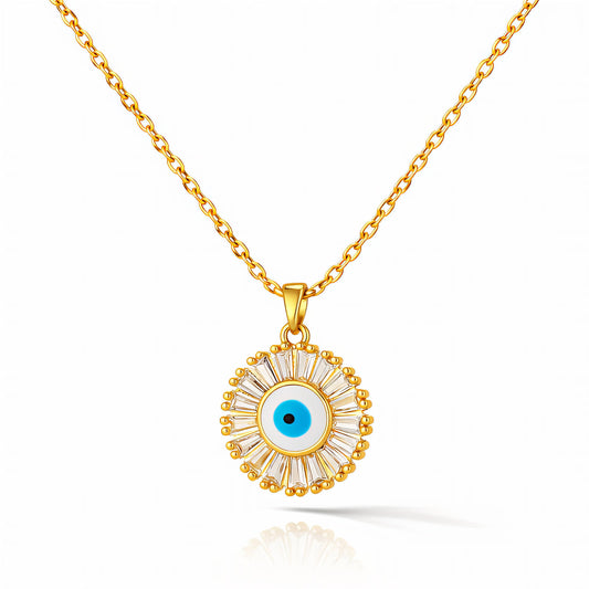 Evil Eye Sunburst Baguette CZ Pendant Necklace | 18K Gold Plated