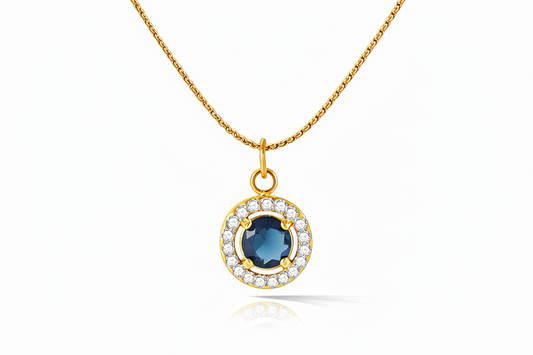 anti tarnish 18k Gold plated necklace with a blue gemstone pendant on a white background