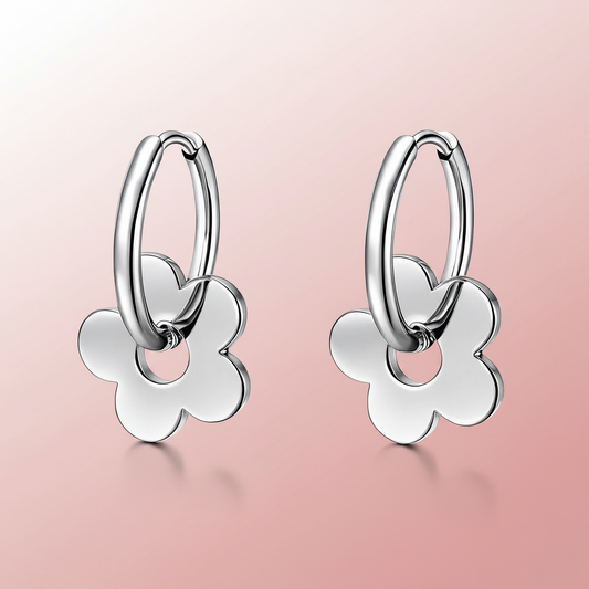 Five-Petal Flower Charm Huggie Hoop Earrings | Silver | Stainless Steel